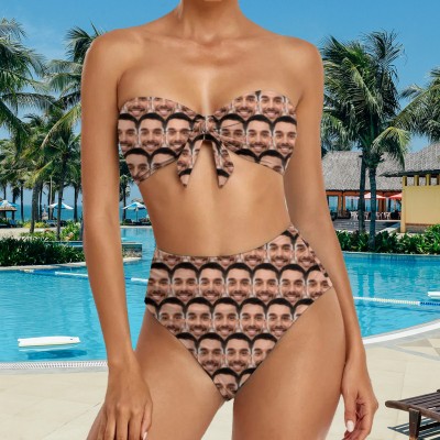 Personalized Seamless Face Strapless Bow Top High Waist Bikini Set Bathing Suit Gift For Her