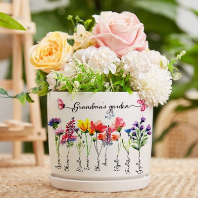 Custom Grandma's Garden Birth Flower Plant Pot with Grandkids Names For Christmas Gifts Birthday Gifts Great Gift Ideas for Grandma Mom