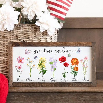 Personalized Grandma's Garden Birth Flower Wood Frame Sign with Grandkids Names Gift Ideas for Grandma Mom Christmas Gifts Mother's Day Gifts