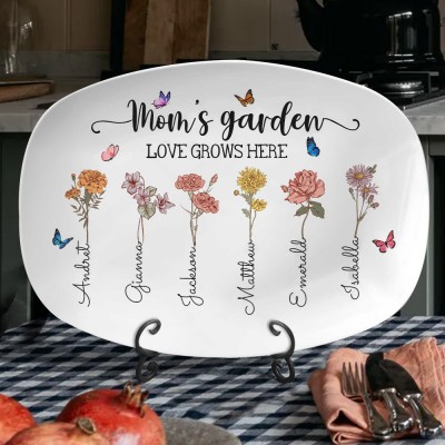 Personalized Mom's Garden Birth Month Flower Platter with Kids Names New Mom Gift Christmas Gifts for Mom Grandma