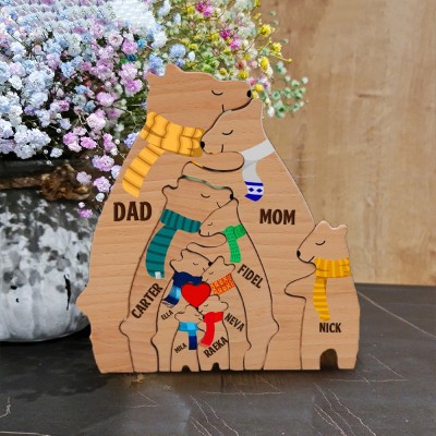 Personalized Engraved Family Scarf Bear Name Wooden Puzzle Love Gifts Mother's Day Gift Ideas