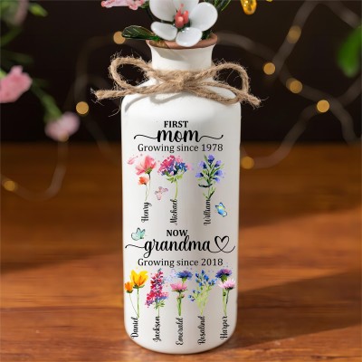Personalized First Mom Now Grandma Birth Month Flower Vase with Kids Names Gift Ideas For Mom Grandma Mother's Day Gifts