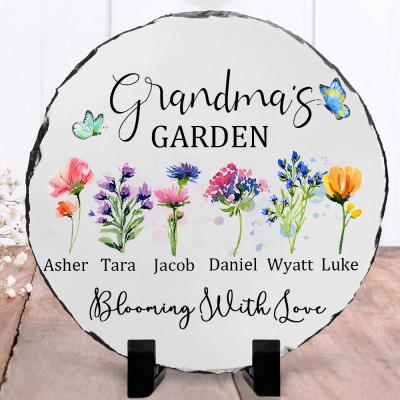 Personalized Grandma's Garden Birth Flower Plaque with Grandkids Names Family Keepsake Gifts for Grandma Mom Christmas Gifts