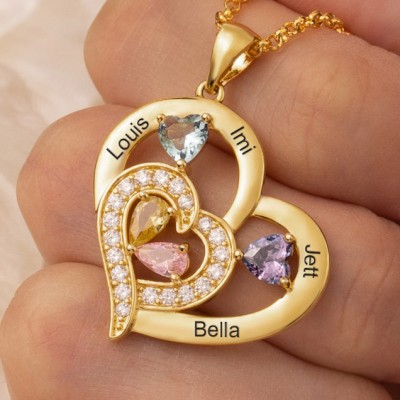 Personalized Heart Name Necklace with Birthstone Love Gift for Mom Family Necklace Anniversary Gift