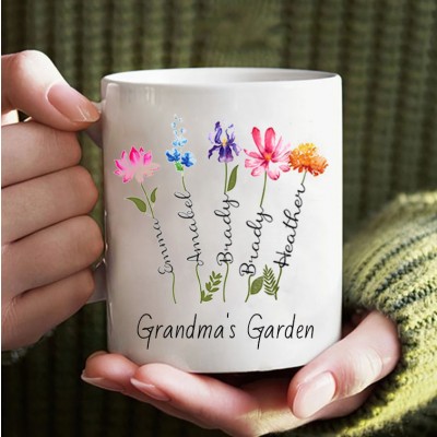 Custom Birth Flower Mug with Kids Names Grandma's Garden Gift Ideas Christmas Gifts for Mom Grandma