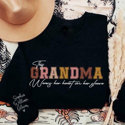 Personalized Grandma Color Printing Sweatshirt Hoodie With Grandkids Names On Her Sleeve Gift Ideas For Mom Grandma