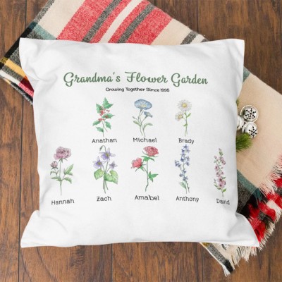 Grandma's Flower Garden Custom Pillow with Grandkids Names Gift for Mom Grandma