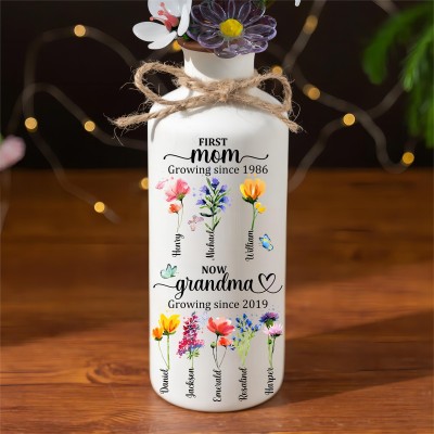 Personalized First Mom Now Grandma Birth Month Flower Vase with Kids Names Gift Ideas For Mom Grandma Mother's Day Gifts