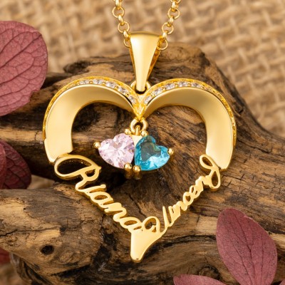 Personalized 2 Names and Birthstones Heart Necklace for Soulmate GIfts for Her Anniversary Gift Ideas for Wife Christmas Gifts