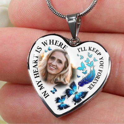 In My Heart Is Where I'll Keep You Forever Memorial Photo Heart Necklace Gift for Her 