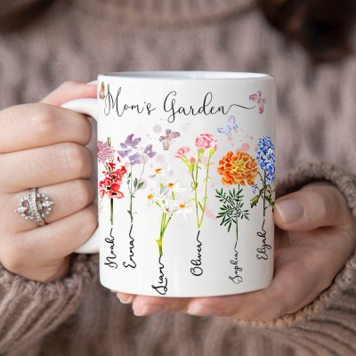 Personalized Mom's Garden Birth Month Flower Mug with Kids Names Unique Gifts for Mom Grandma Birthday Gifts for Her