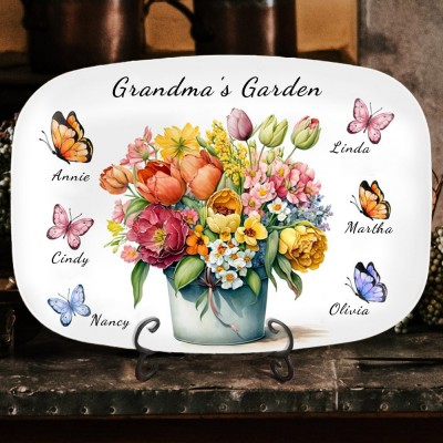 Custom Butterfly Grandma's Garden Plate With Grandkids Names Personalized Family Name Botanical Flowers Platter Christmas Gift Ideas