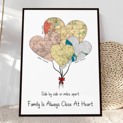 Personalized Long Distance Family Map Art Heart Balloons Map Frame Family Keepsake Gifts for Mom Christmas Gifts Anniversary Gifts