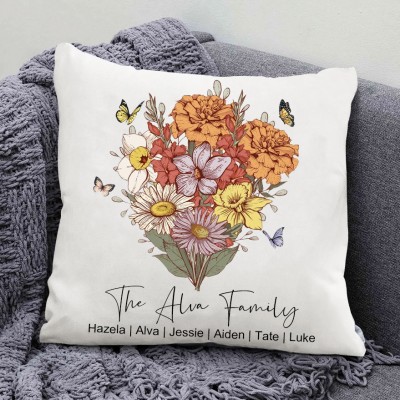 Personalized Family Garden Birth Flower Bouquet Pillow Unique Keepsake Gifts For Mom Grandma Mother's Day Gift Ideas