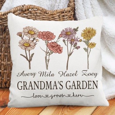 Custom Grandma's Garden Family Birth Flower Pillow Engraved with Names Gifts for Mom Grandma Mother's Day Gift 