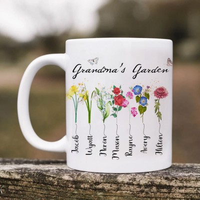 Custom Grandma With Grandkids' Names and Birth Month Flowers Mug Grandma's Garden Mug Gift Ideas for Mom Grandma