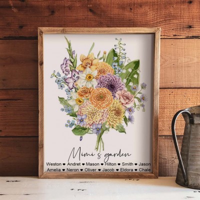 Custom Mimi's Garden Birth Month Flowers Bouquet Art Print with Kids Names Gifts for Grandma Mimi Christmas Gifts for Mom