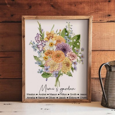 Custom Mimi's Garden Birth Month Flowers Bouquet Art Print with Kids Names Gifts for Grandma Mimi Christmas Gifts for Mom