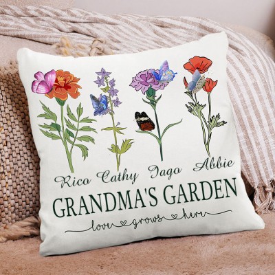 Grandma's Garden Throw Pillow with Grandkids Names Family Birth Flower Pillow Personalized Gifts for Grandma Mom Home Decoration