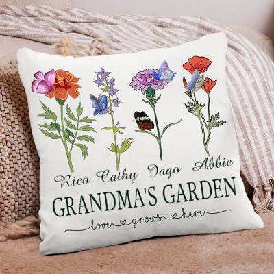 Grandma's Garden Throw Pillow with Grandkids Names Family Birth Flower Pillow Personalized Gifts for Grandma Mom Home Decoration