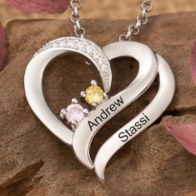 Personalized Heart Shaped 2 Names and Birthstones Necklace Gift Ideas for Soulmate Anniversary Gifts for Wife Christmas Gifts
