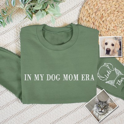 Custom In My Dog Mom Era Embroidered Sweatshirt Hoodie With Ear Outline On the Sleeve Unique Gifts for Pet Lovers