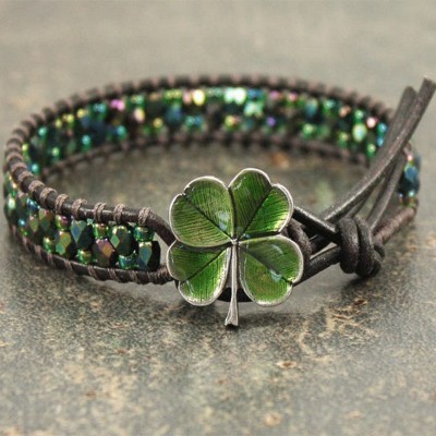 Green Four Leaf Clover Bracelet Beaded Leather Celtic Bracelet for St. Patrick's Day