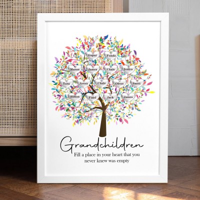Personalized Family Tree Framed Print with Kids Names Love Gift Ideas for Grandma Mom New Home Gift Family Keepsake Gifts