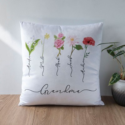 Personalized Birth Month Flower Grandma Pillow with Kids Names Mother's Day Gift