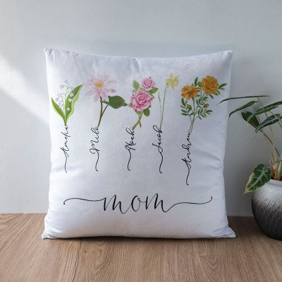 Personalized Birth Month Flower Mom Pillow with Kids Names Mother's Day Gift