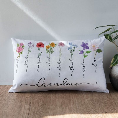 Personalized Birth Month Flower Grandma Pillow with Kids Names Mother's Day Gift