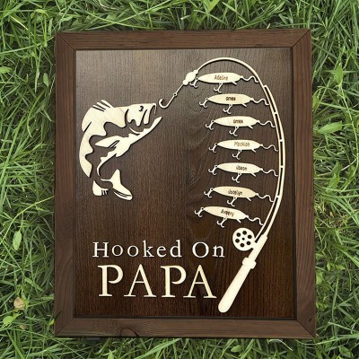 Handmade Personalized Fishing Trip Gift Hooked on Grandpa Papa Dad Father's Day Birthday Sign For Him