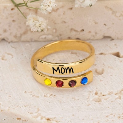 Personalized Birthstone Wrap Name Ring with 1-8 Birthstones Mother's Day Gift