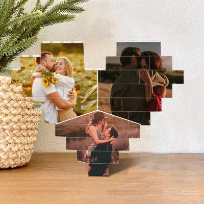 Custom 3 Photos Heart Shaped Brick Building Block Puzzle For Valentine's Day Anniversary Gift Ideas