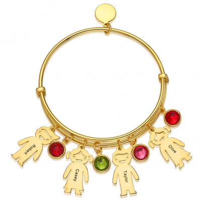 18K Gold Plating Personalized Bangle Bracelet With 1-10 Birthstones Kids Charms