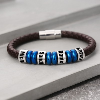 Custom Bead Braid Brown Leather Bracelet With 1-10 Beads