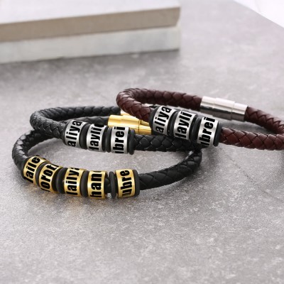 Personalized Brown Leather Bracelet With 1-10 Beads