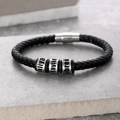 Personalized Black Leather Bracelet With 1-10 Beads