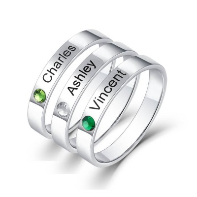 S925 Sterling Silver Personalized Stackable 3 Names Ring With Birthstone
