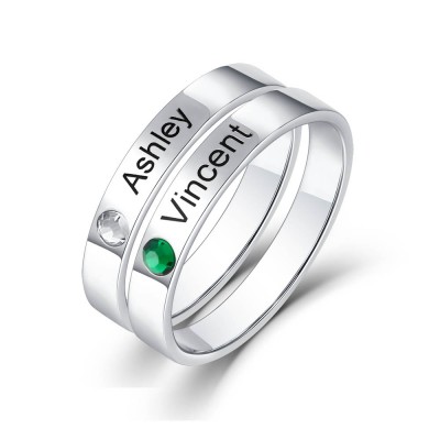 S925 Sterling Silver Personalized Stackable 2 Name Rings With Birthstone