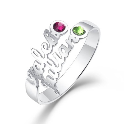 S925 Sterling Silver Personalized Birthstone Ring with 2 Names Gift for Her