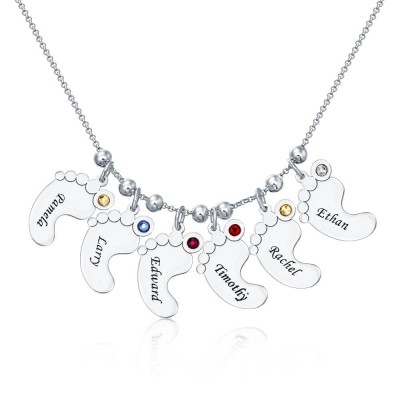 Silver Personalized 1-10 Baby Feet Shape Pendants Name Necklace with Birthstones