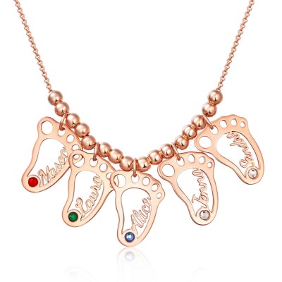 18K Rose Gold Plating Personalized 1-10 Baby Feet Shape Pendants Name Necklace with Birthstones Mother's Necklace