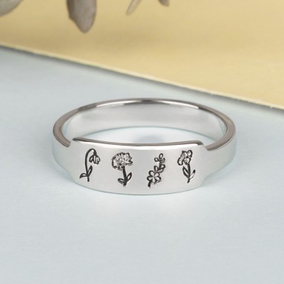 925 Silver Handmade Custom Family Birth Flower Ring