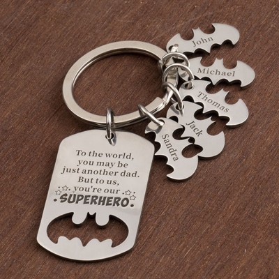 Engraving Father's Day Gift Personalized Superhero Dad Keychain with 1-10 Names Dad Husband Grandpa