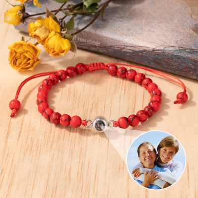 Personalized Red Beaded Photo Projection Bracelet Gifts for Mom Grandma Christmas Gifts