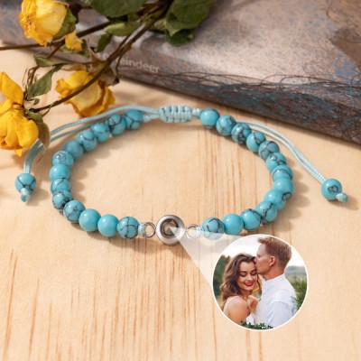 Personalized Blue Beaded Photo Projection Bracelet for Couples Christmas Gift Ideas Gifts for Valentine's Day Anniversary