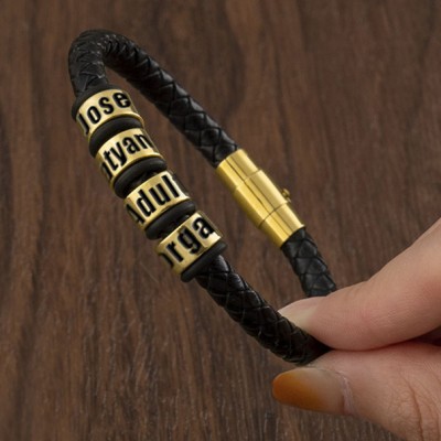 Personalized Black Leather Bracelet With 1-10 Beads