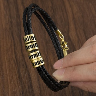 Braided Leather Bracelet with Small Custom Beads In Gold