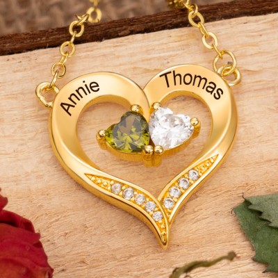 Personalized Heart Shaped Couple Name Necklace with Birthstones Gift Ideas for Soulmate Anniversary Gifts Christmas Gifts